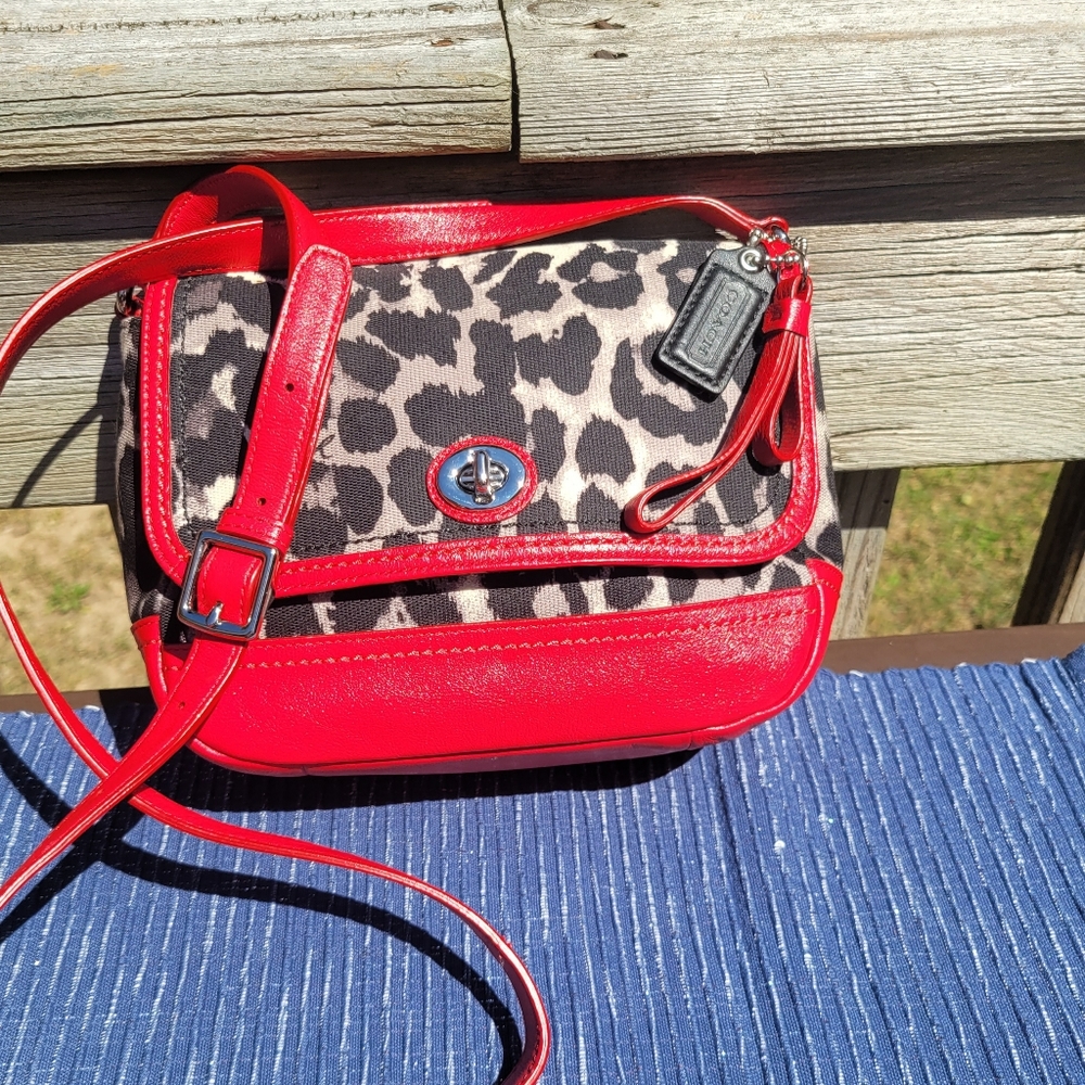 COACH CROSSBODY BAG OCELOT PRINT RED LEATHER TRIM.